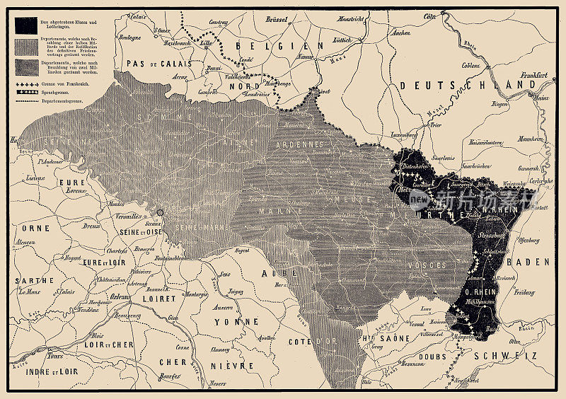 法国。这是德国军队撤离和被割让地区的地图