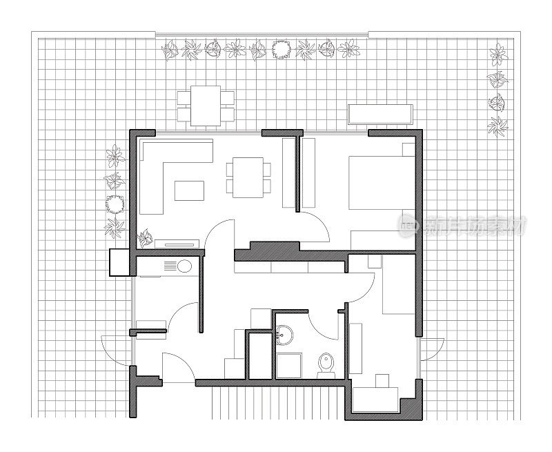 一个带有大阳台的两间卧室的小房子的二维建筑平面。黑白布局。