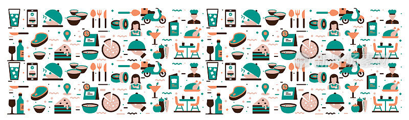 餐厅，食物和饮料相关的平面风格矢量插图