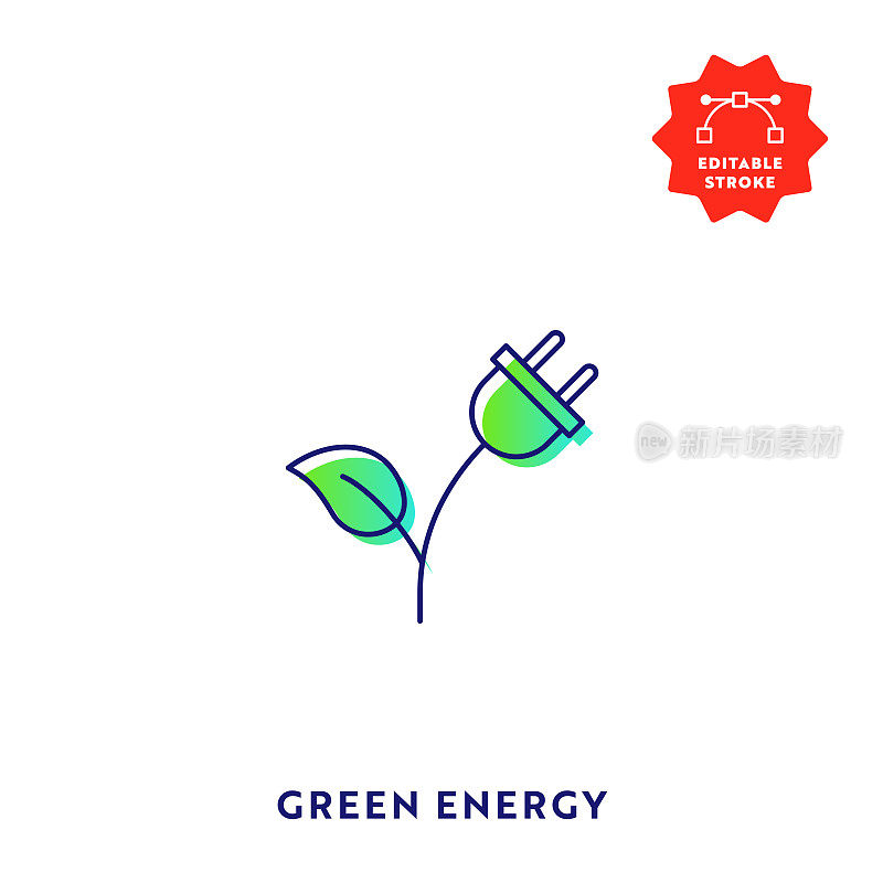 绿色能源梯度平坦线图标与可编辑的描边和像素完美。
