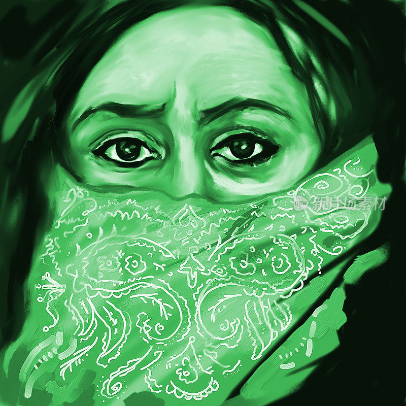 时尚插画现代艺术作品寓言油画印象派肖像妇女保护呼吸道免受冠状病毒的影响，用绿色的黑色背景的围巾覆盖她的脸