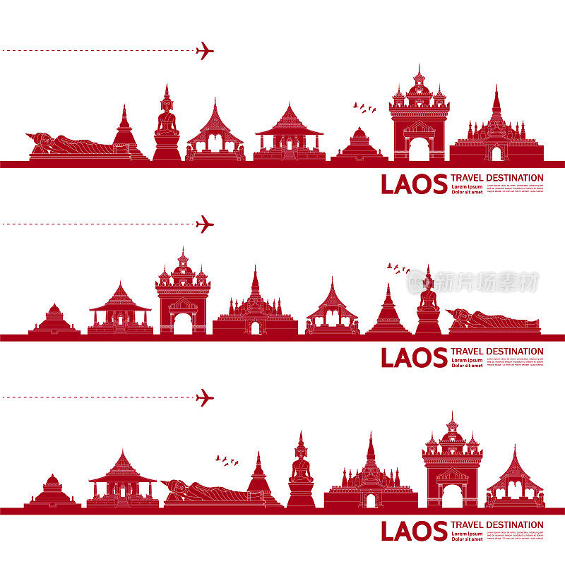 老挝旅游目的地大矢量插图。
