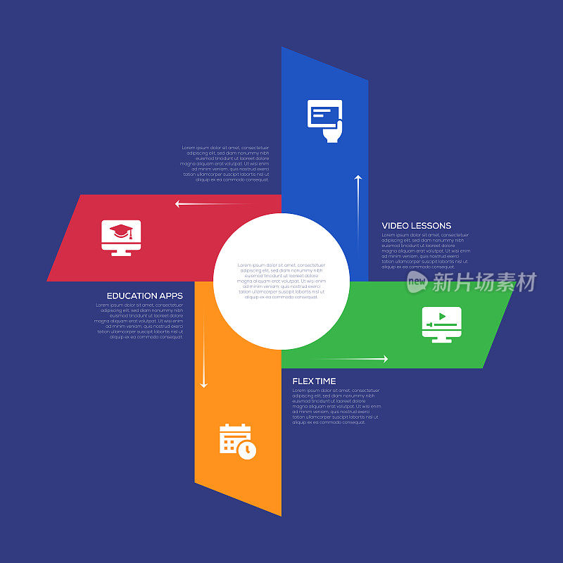 信息图设计模板。教育应用程序，电子书，视频课程，弹性时间图标4个选项或步骤。