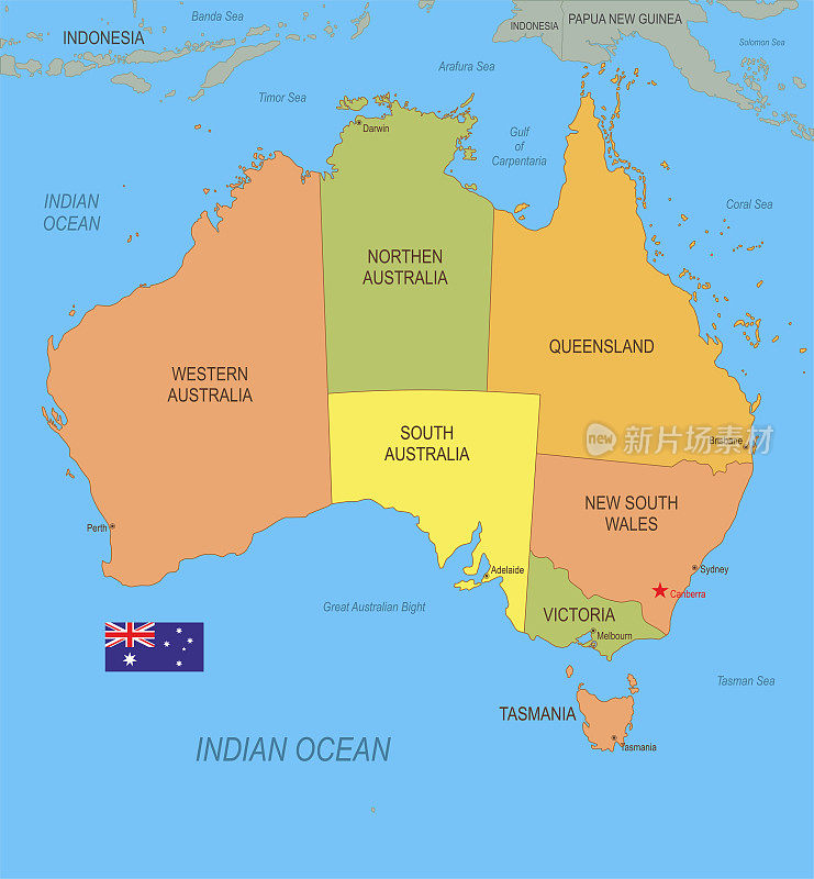 带有旗帜的澳大利亚平面地图