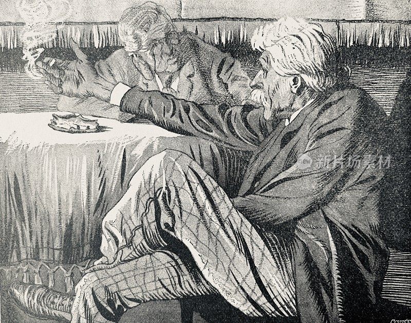 两个人坐在桌边聊天，满头白发，抽着烟
