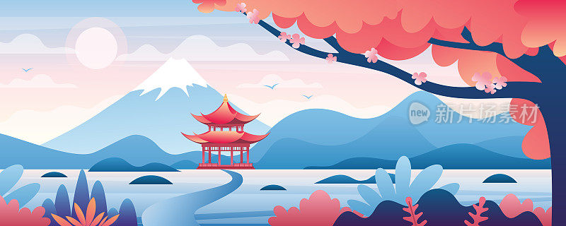中国景观矢量插画，卡通亚洲传统寺庙，亭子或房子与东方宝塔在中国农村，旅游亚洲背景