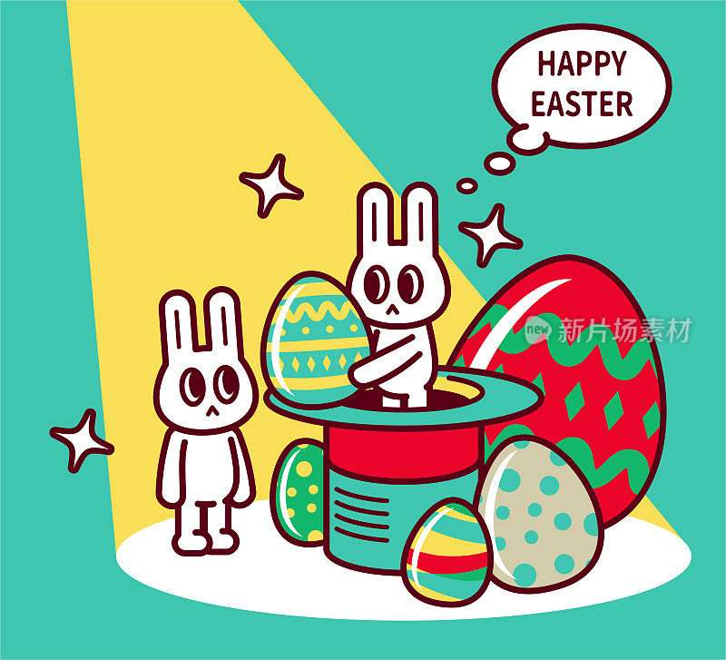 复活节快乐，一只复活节兔子从一顶巨大的魔法礼帽中出现，并给他的朋友送去了很多复活节彩蛋