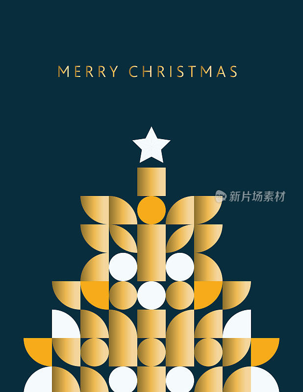 圣诞树圣诞快乐金色马赛克风格贺卡梯度设计模板与几何形状