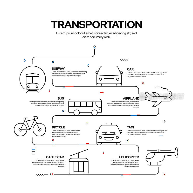 交通相关过程信息图表设计，线性风格矢量插图