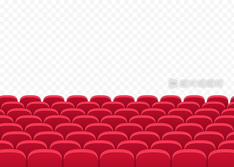 透明背景下的一排排红色电影院或电影院座位。空室内大礼堂。