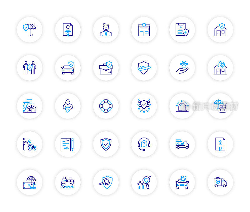 保险和保护相关的线图标，轮廓矢量符号插图。