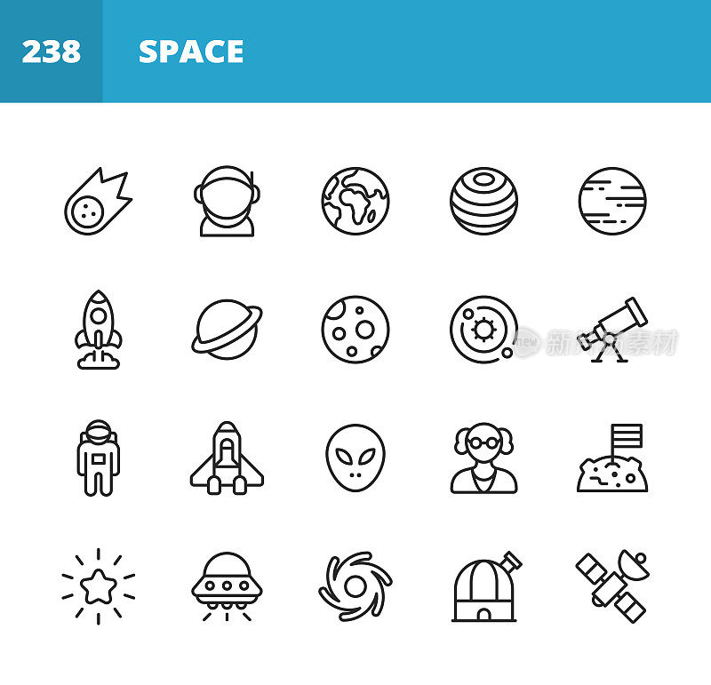 空间行图标。可编辑的中风。像素完美。移动和网络。包含如彗星，小行星，宇航员，太空服，行星地球，宇宙，星星，望远镜，银河，宇宙飞船，旅行，月球登陆，外星人，人工智能，火箭等图标。