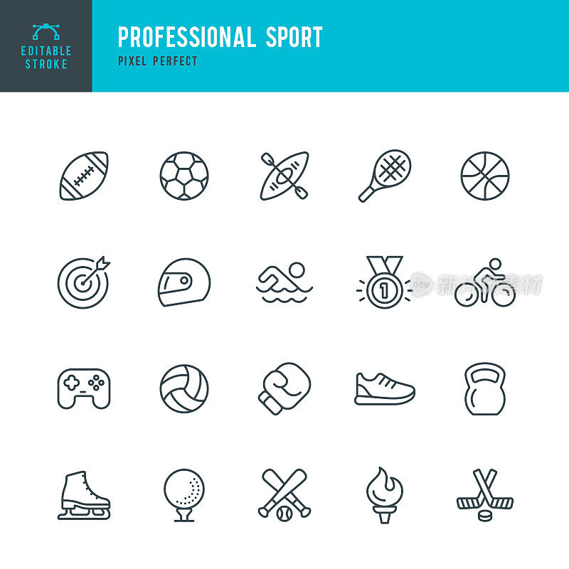 专业运动-细线矢量图标设置。可编辑的中风。像素完美。该集合包含图标:足球，美式足球，篮球，棒球，拳击，电子竞技，冰球，游泳，花样滑冰，高尔夫，火炬。