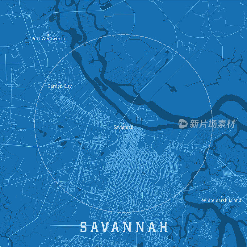 萨凡纳GA城市矢量地图蓝色文本