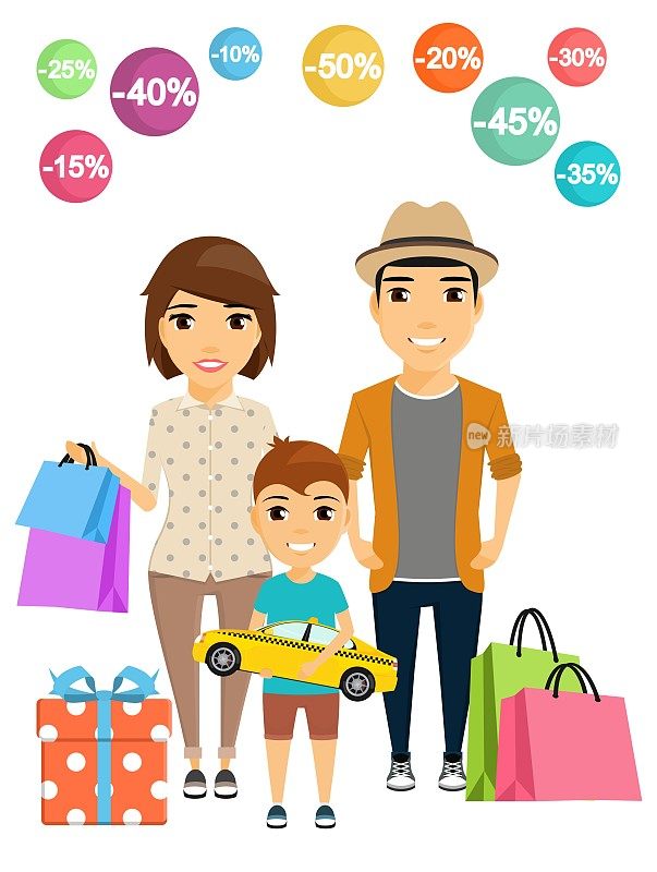 家庭购物。快乐的父母和带着大量购物的孩子。矢量插图在一个平坦的风格。卡通。