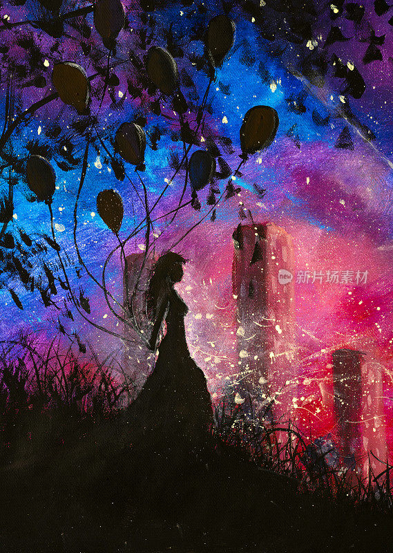 油画丙烯现代绘画剪影女孩与气球的背景上的夜城艺术品。夜晚梦幻的风景插图与蓝紫色星空印象派艺术