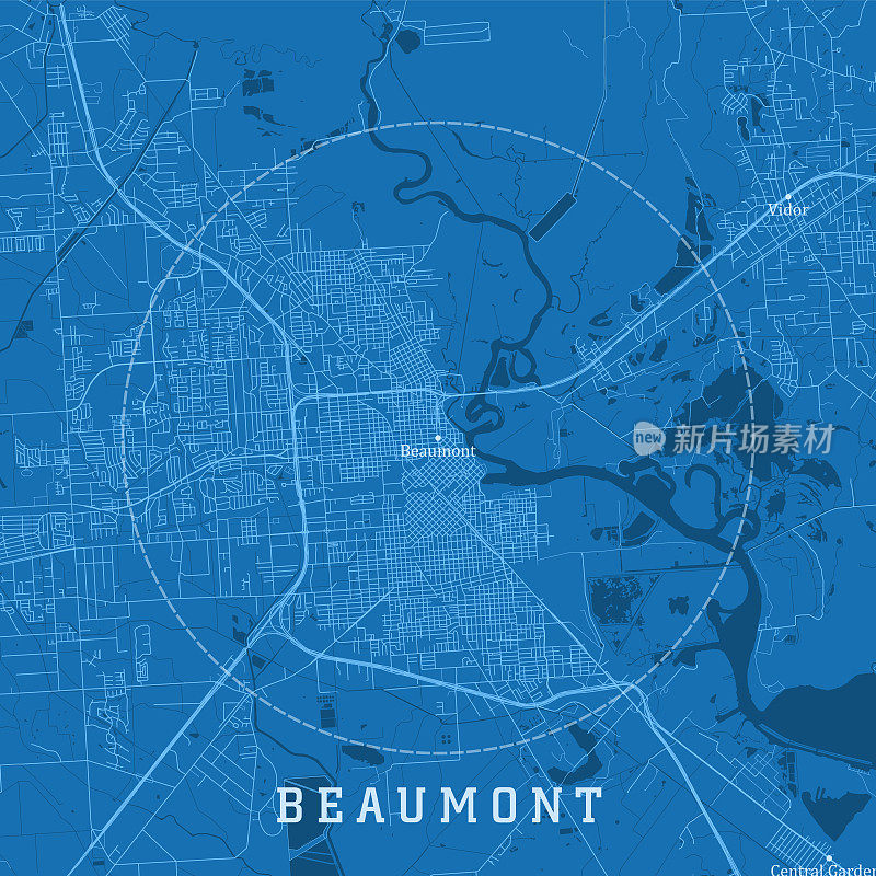 博蒙特TX城市矢量道路地图蓝色文本