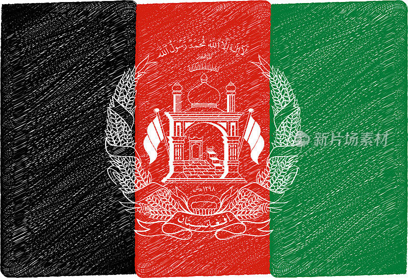 阿富汗国旗绘原色矢量插图，阿富汗伊斯兰共和国国旗国徽，阿富汗盾徽，喀布尔旗落