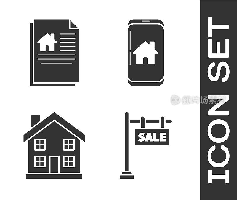设置挂签文本销售，房屋合同，家庭符号和手机智能家居图标。向量