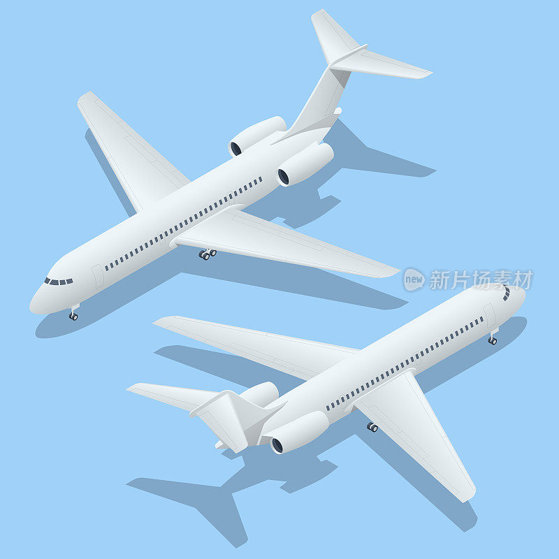 蓝色背景上的等距飞机。《飞机工业蓝图》。顶级飞机公司的MD-90客机