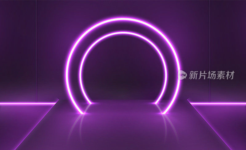 紫色霓虹灯的未来数字舞台与圆形灯拱。展示技术产品的橱窗。空台座夜间矢量场景