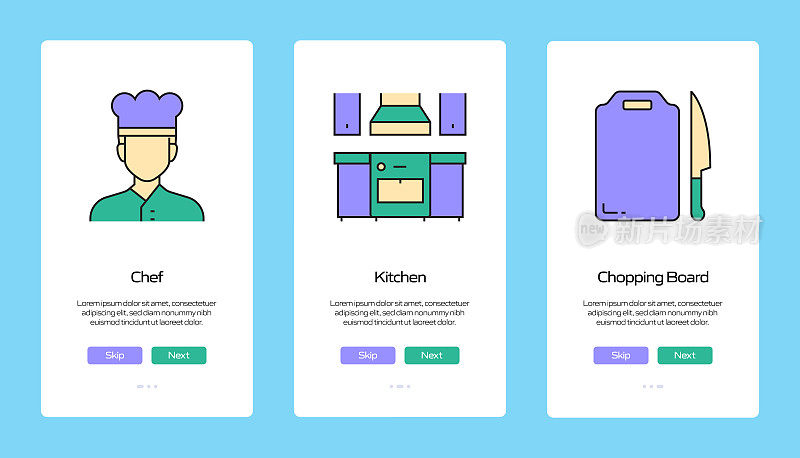 在移动应用页面上使用扁平图标的烹饪概念。用户体验，UI设计模板矢量插图