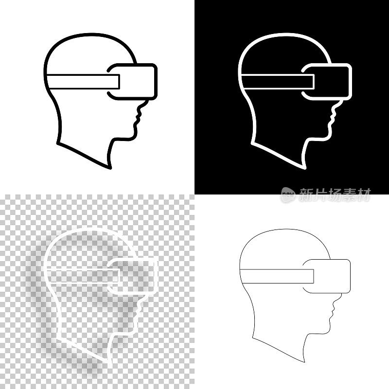 头戴VR虚拟现实头盔。图标设计。空白，白色和黑色背景-线图标