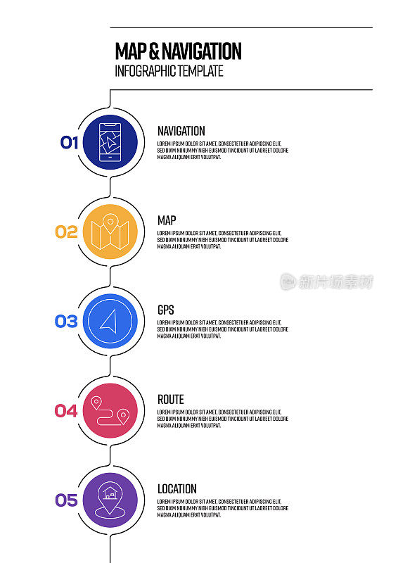 地图和导航概念矢量线信息图设计与图标。5选项或步骤的表示，横幅，工作流程布局，流程图等。