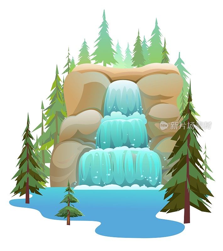 高山景观，岩石之间有瀑布。级联向下闪闪发光。水的流动。漂亮的卡通风格。平面设计。在寒冷的松树林中。孤立的白色背景。向量