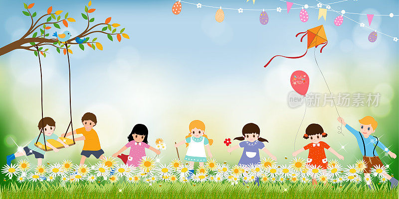 在阳光明媚的夏日，一群孩子在草地上玩风筝、秋千、气球和采花，向量可爱的卡通自然景观与活跃的男孩和女孩在春天的田野里玩耍
