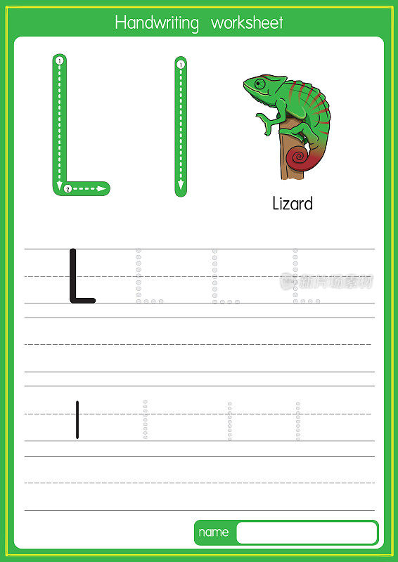 矢量插图蜥蜴与字母L大写字母或大写字母的儿童学习练习ABC