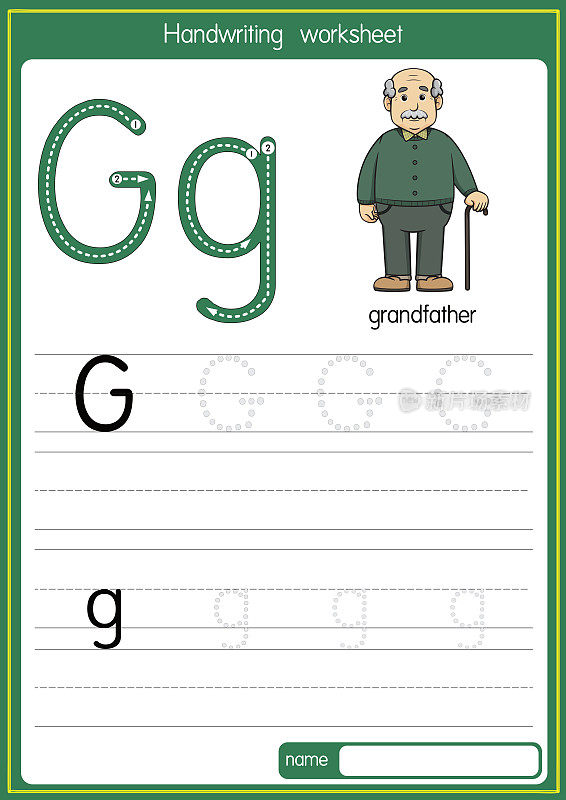 矢量说明爷爷与字母G大写字母或大写字母的儿童学习练习ABC