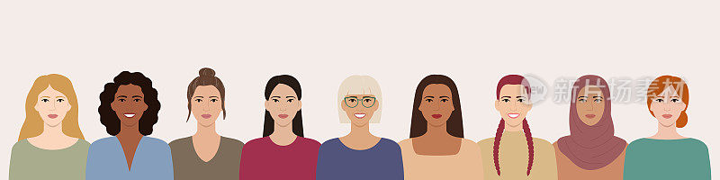 不同发型、肤色、种族、年龄的女人站在一起。各种各样微笑的女人的肖像。女性赋权。女孩的力量。平面向量插图。