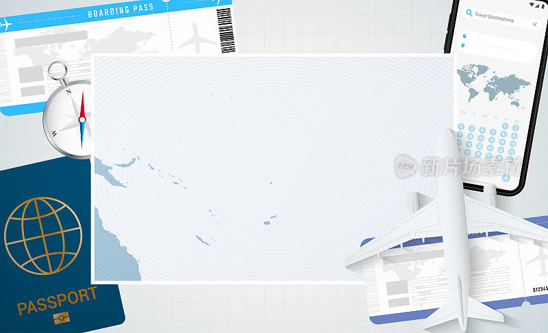 图瓦卢之旅，图瓦卢地图插图。背景有飞机，手机，护照，指南针和机票。