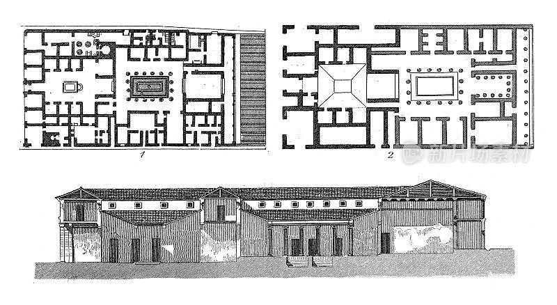 古董雕刻插图，文明:罗马房子