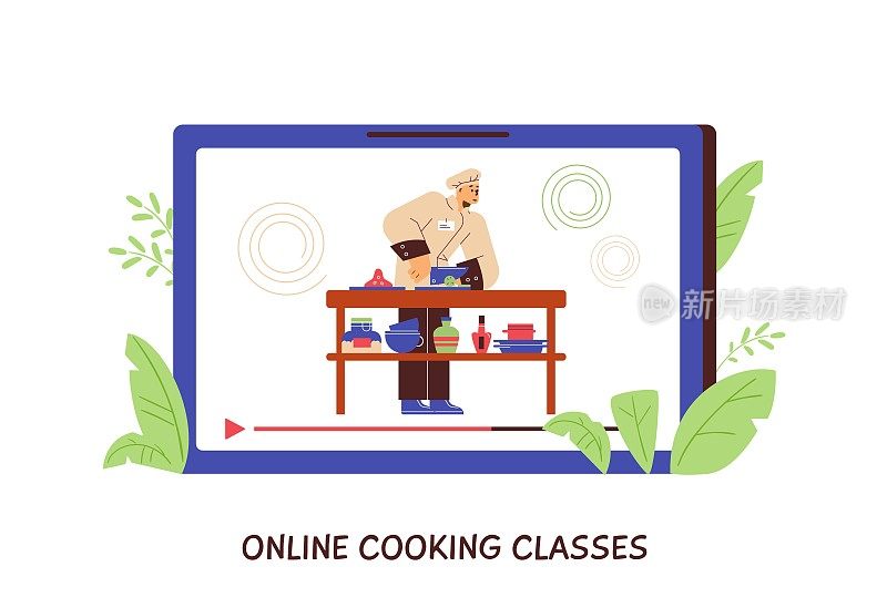 在线烹饪课程概念，专业厨师烹饪视频-平面矢量插图在白色背景。
