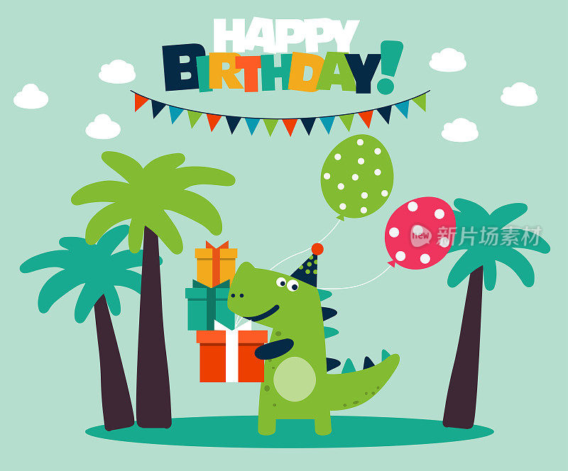 生日快乐-可爱的矢量卡与有趣的恐龙骑在踢踏车。可爱的霸王龙
