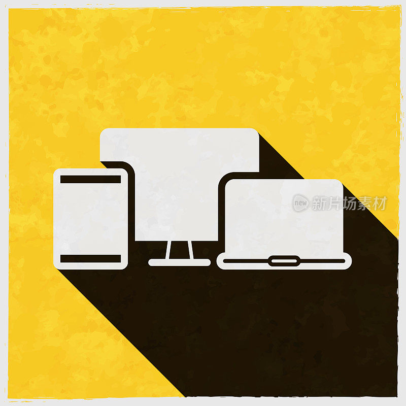 台式电脑、平板电脑、笔记本电脑。图标与长阴影的纹理黄色背景