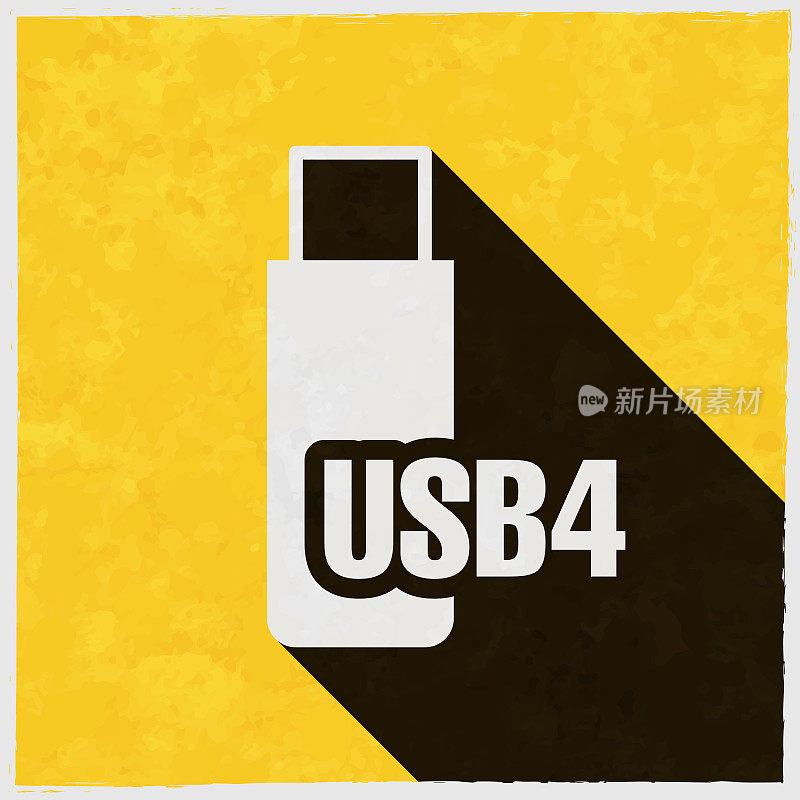 USB4闪存盘。图标与长阴影的纹理黄色背景