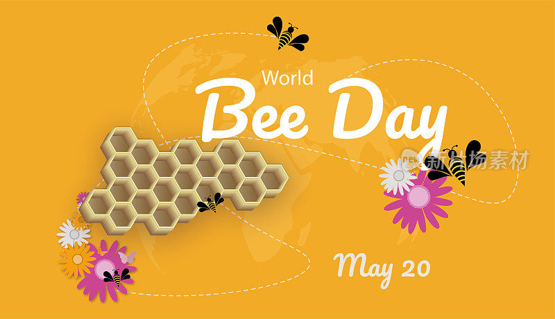 世界蜜蜂日。带有花朵和蜜蜂的蜂巢在橙色背景和白色文本上。复制空间。矢量插图。