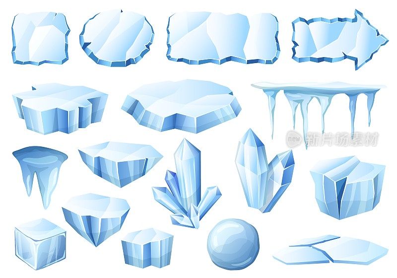 卡通冰。冰川晶体，冰片和冷冰帧矢量集