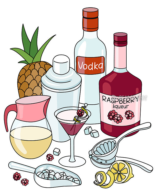 时尚的手绘涂鸦卡通风格的法国马提尼鸡尾酒组成。一瓶伏特加，覆盆子酒，菠萝汁和摇壶。适合制作酒吧菜单、烹饪书食谱、贴纸或卡片。