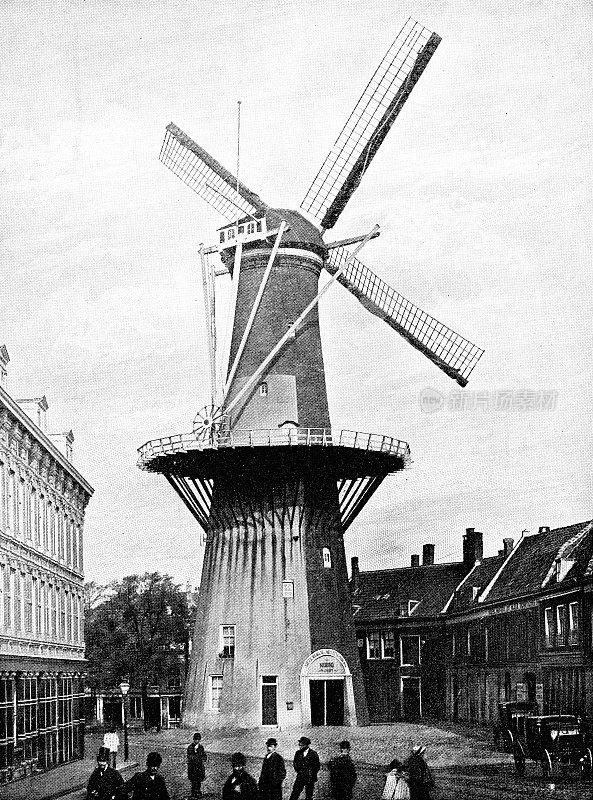 荷兰鹿特丹的德北风车——19世纪