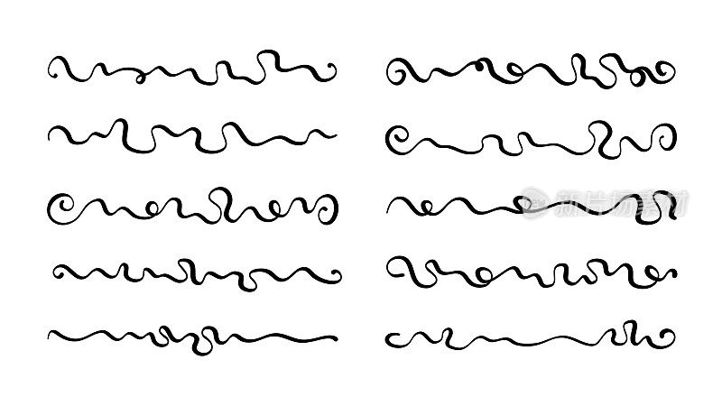 手绘制收集旋涡线和装饰卷发。抽象的书法涂鸦分隔符