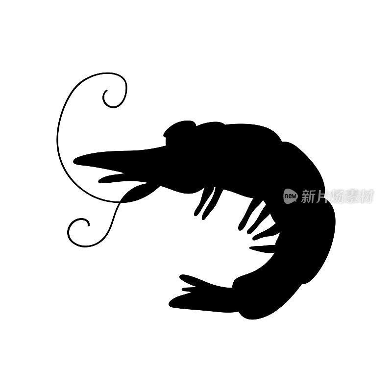 海虾的黑色剪影，侧视图。一个海洋动物的剪影。矢量插图孤立在白色背景上