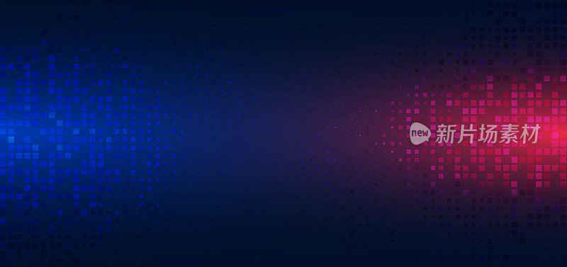 抽象技术未来的数字概念方形图案照明发光粒子方块元素在深蓝色和红色的背景。