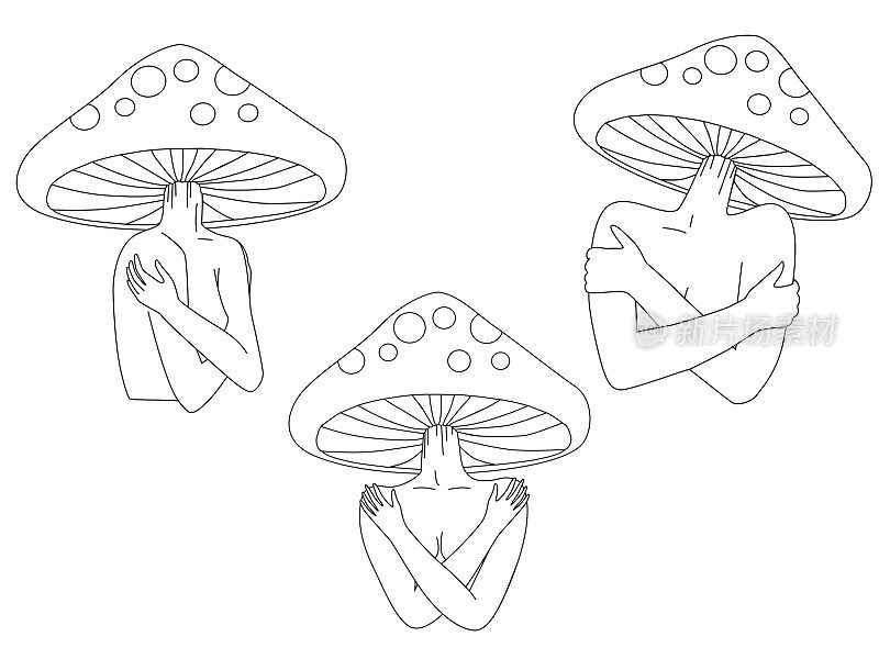 一组神奇的蘑菇头女孩。迷幻幻觉。70年代嬉皮黑白纹身艺术。