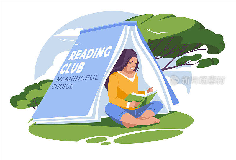 一个学龄女孩在大自然中读书，小屋的形状像一本书。平面向量插图