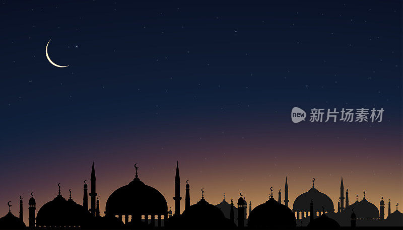 伊斯兰卡与剪影圆顶清真寺，新月形月亮在橙色的天空背景，斋月夜与伊斯兰教的黄昏黄昏的天空，开斋节古尔邦，开斋节穆巴拉克，开斋节，斋月卡里姆