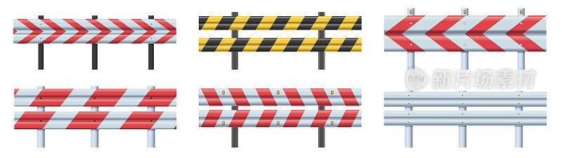 rails。高速公路路边护栏、条纹警示护栏和道路安全金属矢量护栏设置